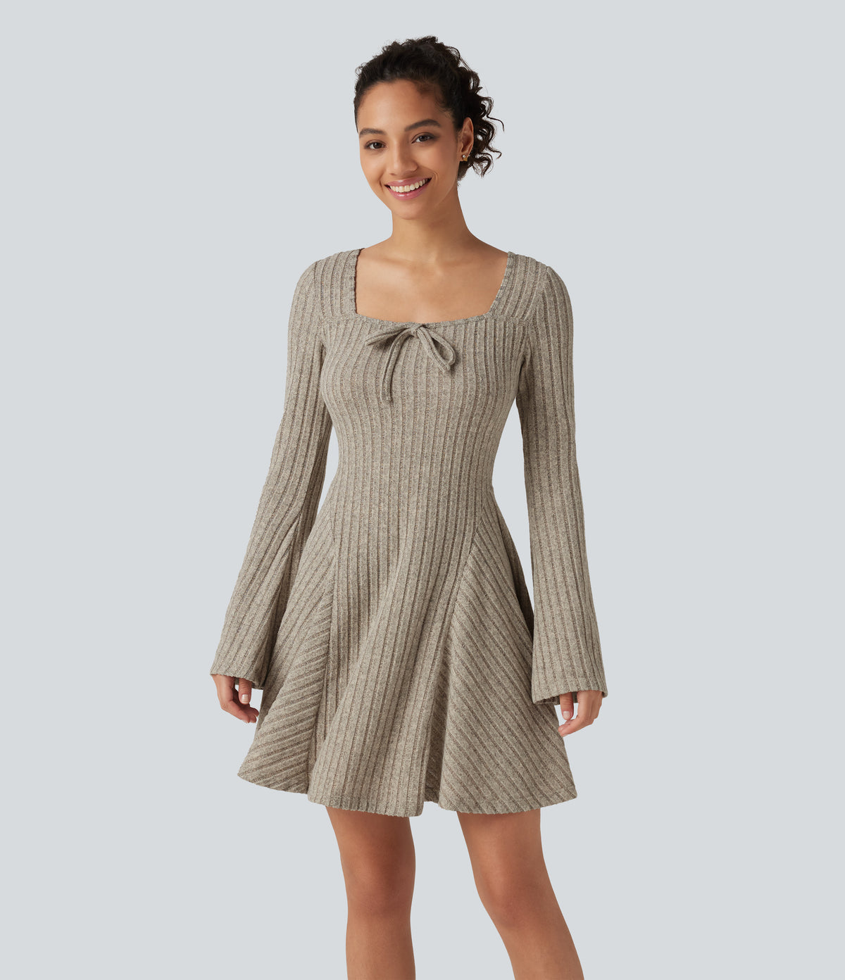 Ribbed Knit Square Neck Flounce Long Sleeve Decorative Knot Flare Mini Casual Dress — Warm Grey Floral Velvet — view 1