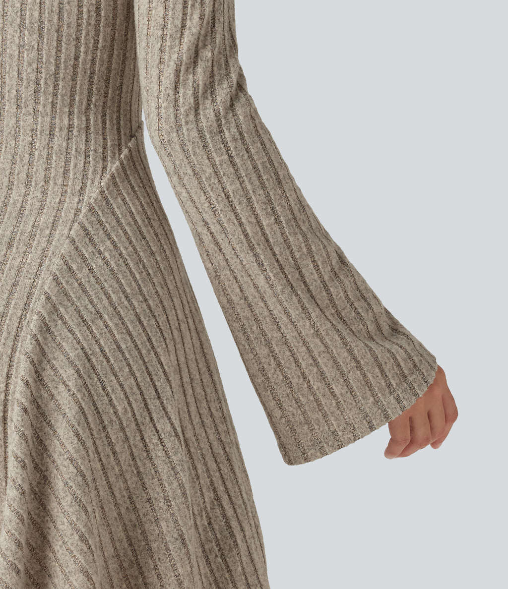 Ribbed Knit Square Neck Flounce Long Sleeve Decorative Knot Flare Mini Casual Dress — Warm Grey Floral Velvet — view 5