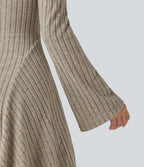 Ribbed Knit Square Neck Flounce Long Sleeve Decorative Knot Flare Mini Casual Dress — Warm Grey Floral Velvet — view 5