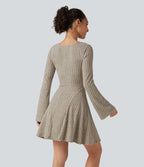 Ribbed Knit Square Neck Flounce Long Sleeve Decorative Knot Flare Mini Casual Dress — Warm Grey Floral Velvet — view 2