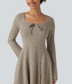 Ribbed Knit Square Neck Flounce Long Sleeve Decorative Knot Flare Mini Casual Dress — Warm Grey Floral Velvet — view 4