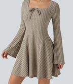 Ribbed Knit Square Neck Flounce Long Sleeve Decorative Knot Flare Mini Casual Dress — Warm Grey Floral Velvet — view 6