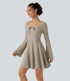 Ribbed Knit Square Neck Flounce Long Sleeve Decorative Knot Flare Mini Casual Dress — Warm Grey Floral Velvet — view 3