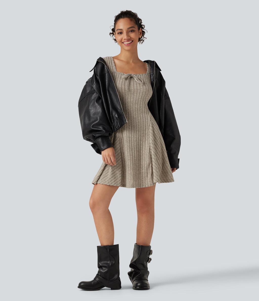 Ribbed Knit Square Neck Flounce Long Sleeve Decorative Knot Flare Mini Casual Dress — Warm Grey Floral Velvet — view 8