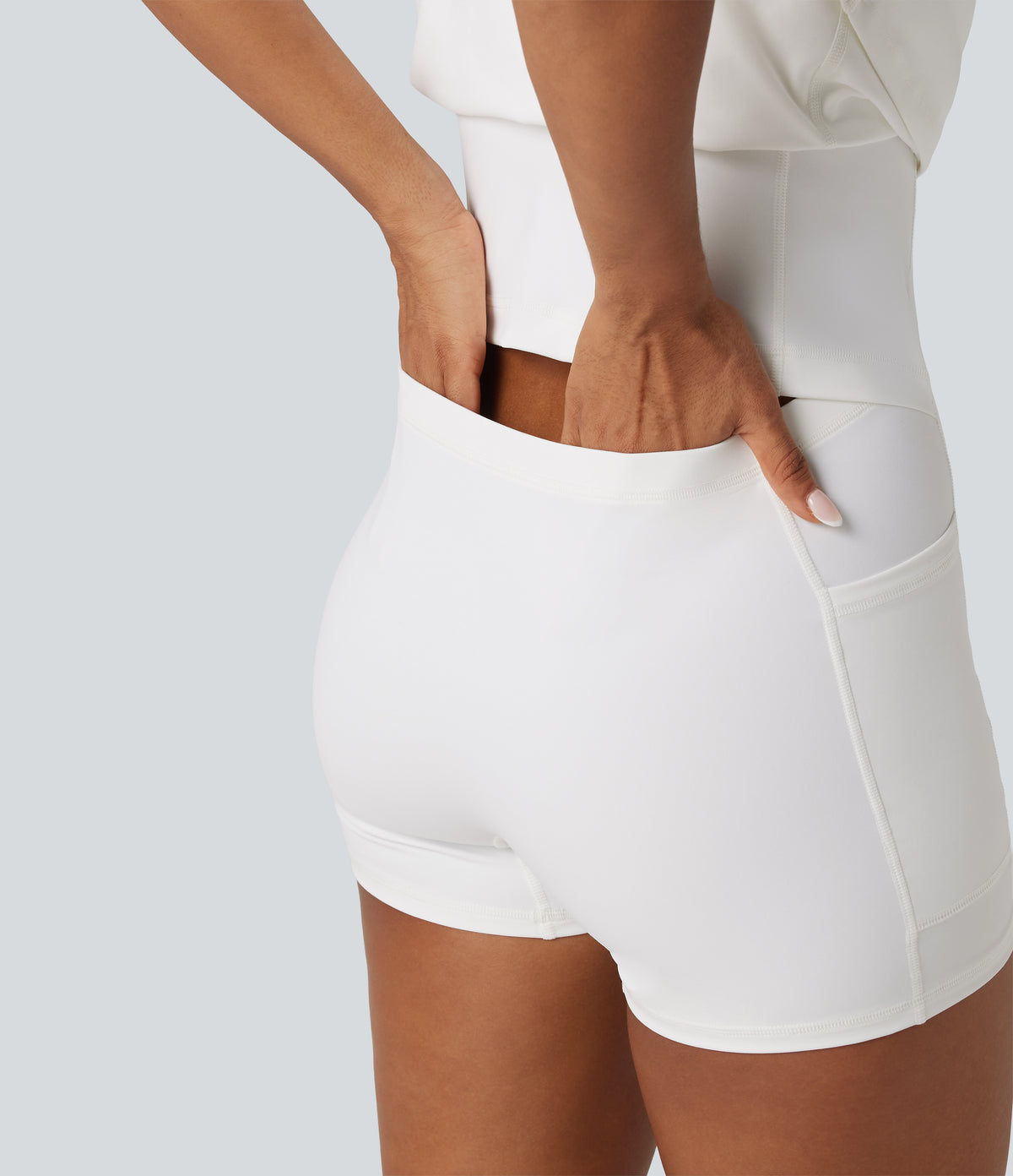 Plush V Neck Built-in Bra Contrast Lace 2-in-1 Mini Yoga Active Dress with Pockets-Edition — White — view 7