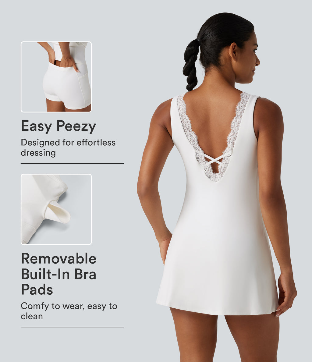 Plush V Neck Built-in Bra Contrast Lace 2-in-1 Mini Yoga Active Dress with Pockets-Edition — White — view 1