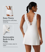 Plush V Neck Built-in Bra Contrast Lace 2-in-1 Mini Yoga Active Dress with Pockets-Edition — White — view 1