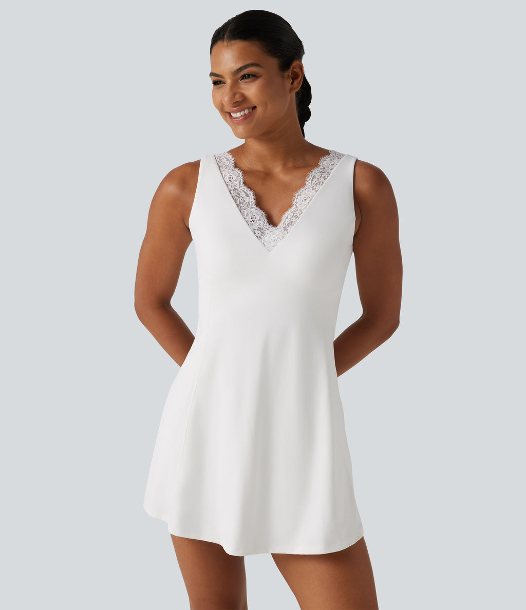 Plush V Neck Built-in Bra Contrast Lace 2-in-1 Mini Yoga Active Dress with Pockets-Edition — White — view 4