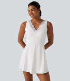 Plush V Neck Built-in Bra Contrast Lace 2-in-1 Mini Yoga Active Dress with Pockets-Edition — White — view 4