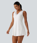Plush V Neck Built-in Bra Contrast Lace 2-in-1 Mini Yoga Active Dress with Pockets-Edition — White — view 3