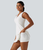 Plush V Neck Built-in Bra Contrast Lace 2-in-1 Mini Yoga Active Dress with Pockets-Edition — White — view 6