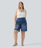 Plus Size High Waisted Denim Casual Bermuda Shorts 9" with Pockets — Estate Blue Denim — view 7