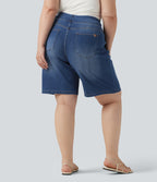 Plus Size High Waisted Denim Casual Bermuda Shorts 9" with Pockets — Estate Blue Denim — view 2