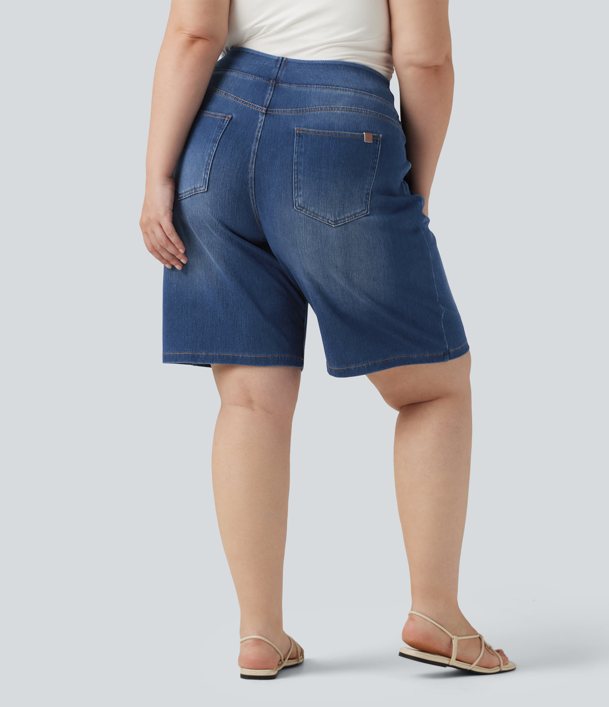 Plus Size High Waisted Denim Casual Bermuda Shorts 9" with Pockets — Estate Blue Denim — view 2