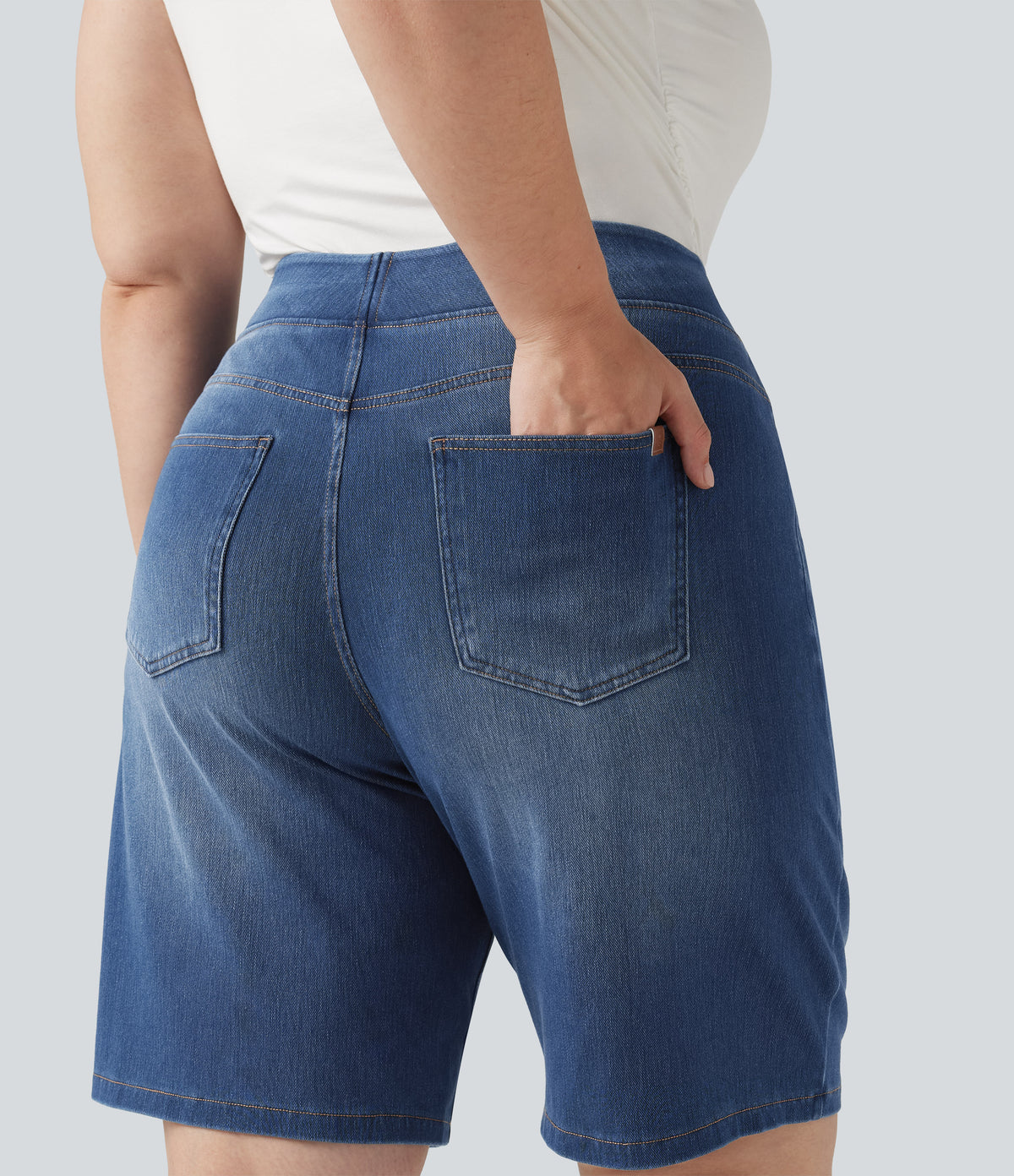 Plus Size High Waisted Denim Casual Bermuda Shorts 9" with Pockets — Estate Blue Denim — view 5