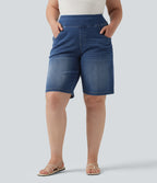 Plus Size High Waisted Denim Casual Bermuda Shorts 9" with Pockets — Estate Blue Denim — view 1