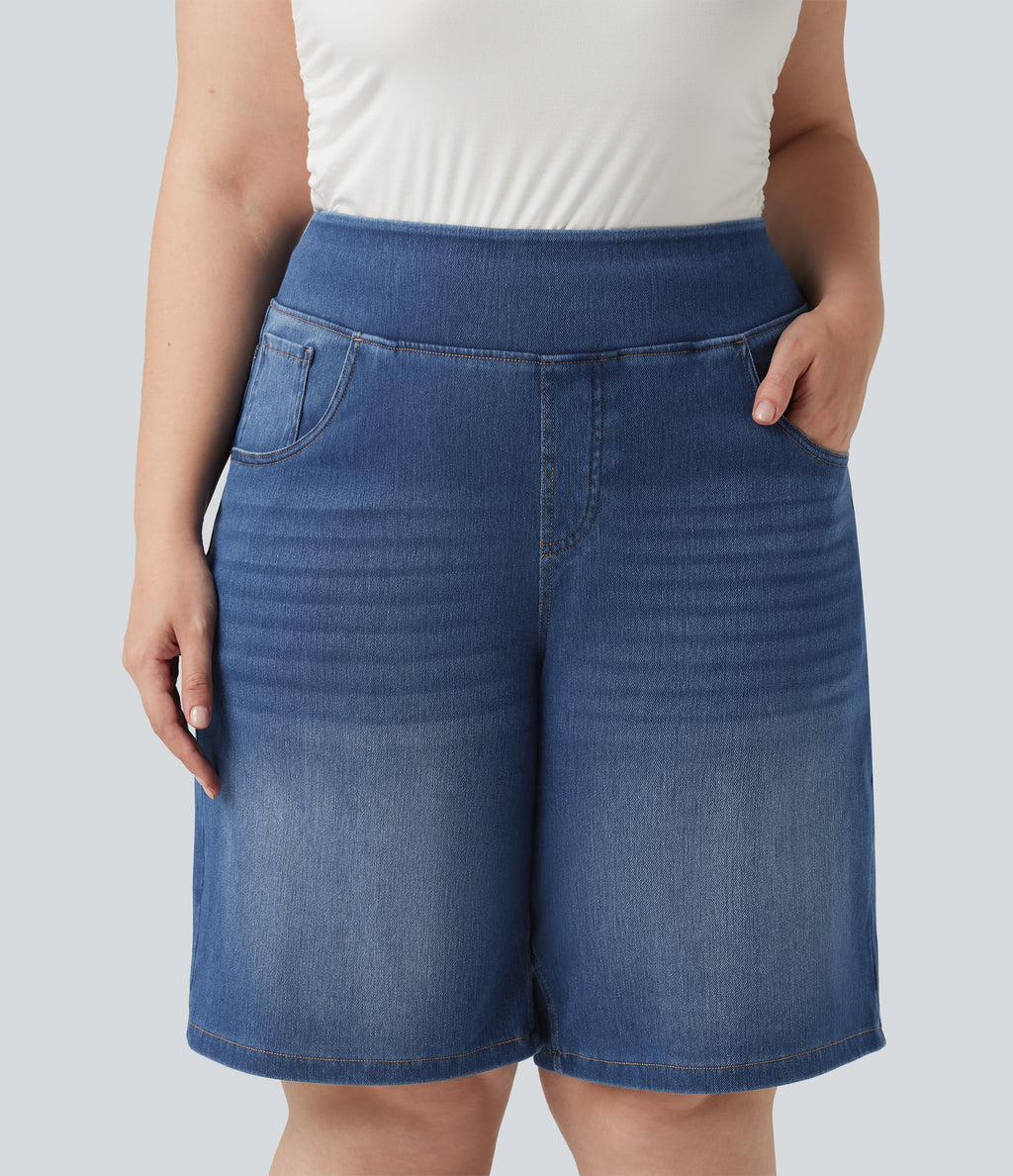 Plus Size High Waisted Denim Casual Bermuda Shorts 9" with Pockets — Estate Blue Denim — view 4