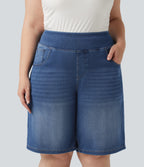Plus Size High Waisted Denim Casual Bermuda Shorts 9" with Pockets — Estate Blue Denim — view 4