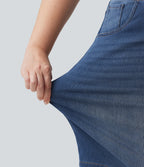 Plus Size High Waisted Denim Casual Bermuda Shorts 9" with Pockets — Estate Blue Denim — view 6