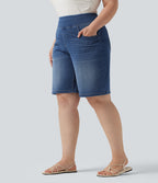 Plus Size High Waisted Denim Casual Bermuda Shorts 9" with Pockets — Estate Blue Denim — view 3