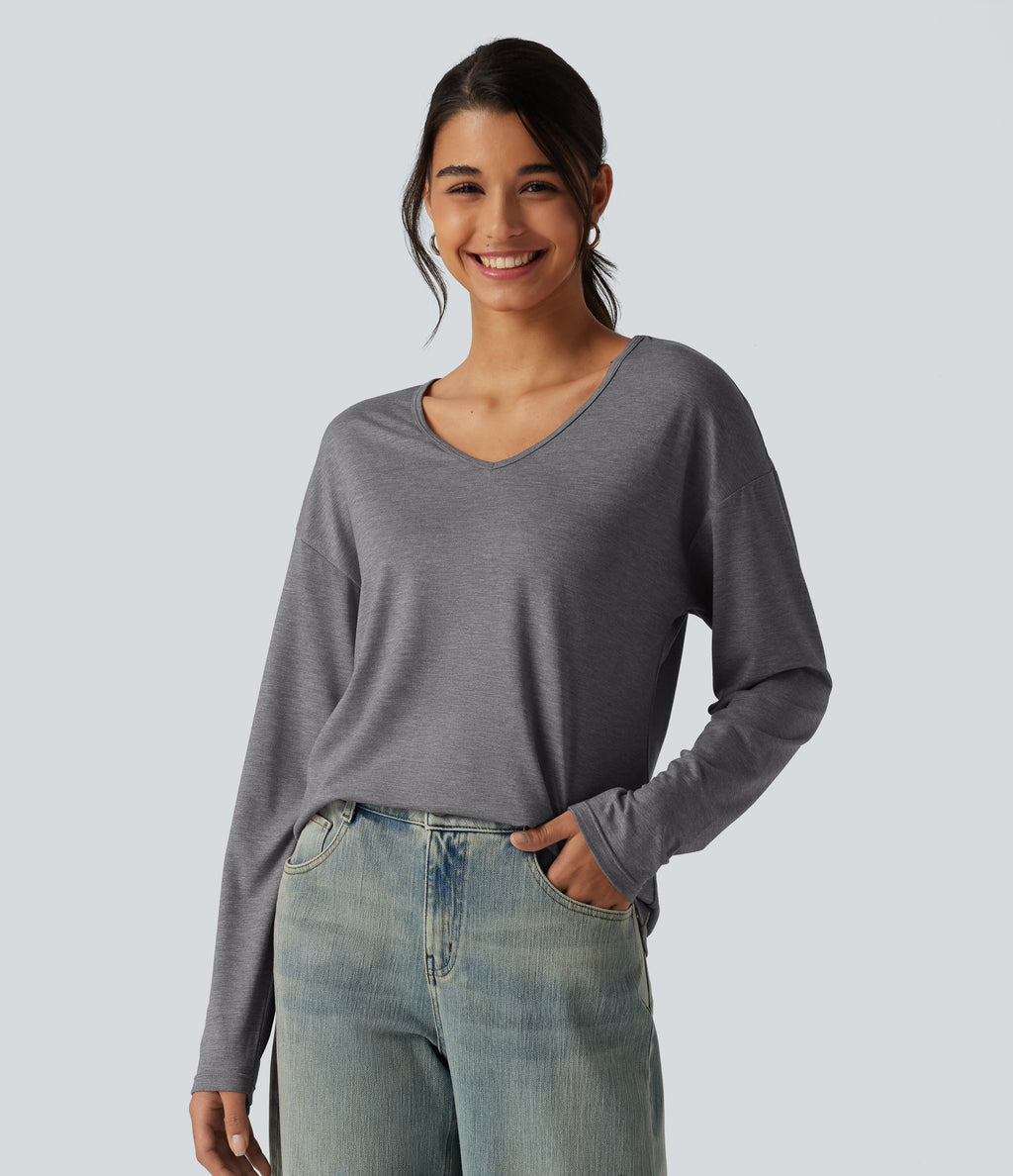 V Neck Long Sleeve Relaxed Heathered Casual T-Shirt — Darl Gray Floral Yarn — view 4