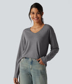 V Neck Long Sleeve Relaxed Heathered Casual T-Shirt — Darl Gray Floral Yarn — view 4