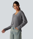 V Neck Long Sleeve Relaxed Heathered Casual T-Shirt — Darl Gray Floral Yarn — view 3