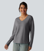 V Neck Long Sleeve Relaxed Heathered Casual T-Shirt — Darl Gray Floral Yarn — view 6