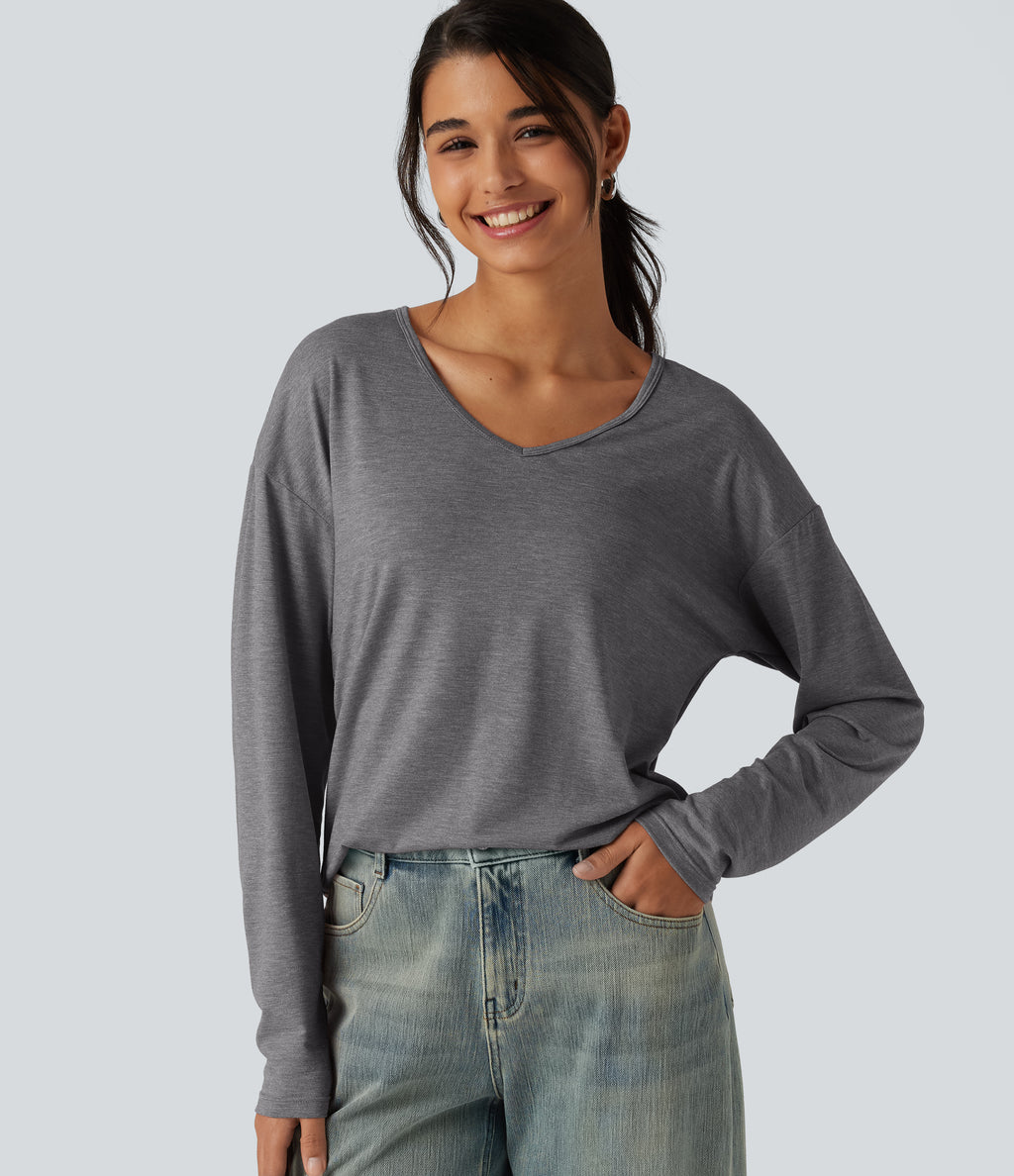 V Neck Long Sleeve Relaxed Heathered Casual T-Shirt — Darl Gray Floral Yarn — view 1