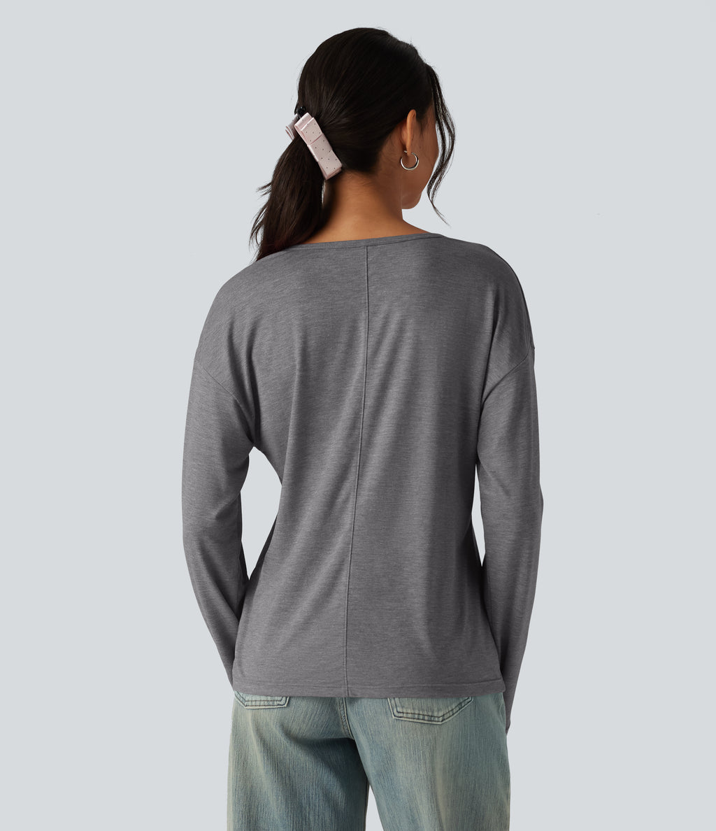 V Neck Long Sleeve Relaxed Heathered Casual T-Shirt — Darl Gray Floral Yarn — view 2