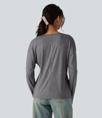 V Neck Long Sleeve Relaxed Heathered Casual T-Shirt — Darl Gray Floral Yarn — view 2