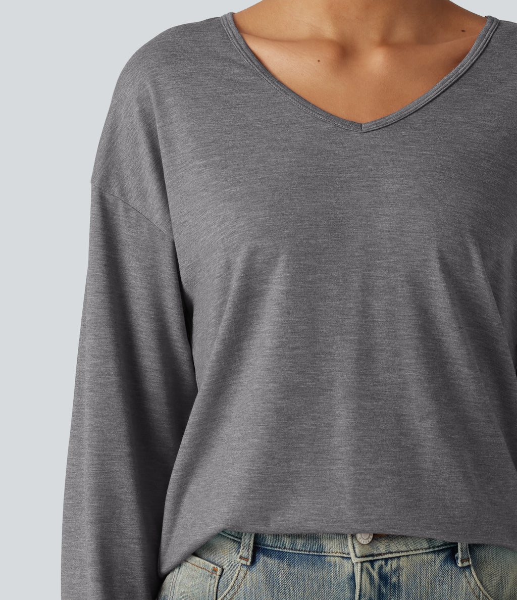V Neck Long Sleeve Relaxed Heathered Casual T-Shirt — Darl Gray Floral Yarn — view 5