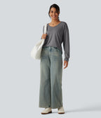 V Neck Long Sleeve Relaxed Heathered Casual T-Shirt — Darl Gray Floral Yarn — view 7