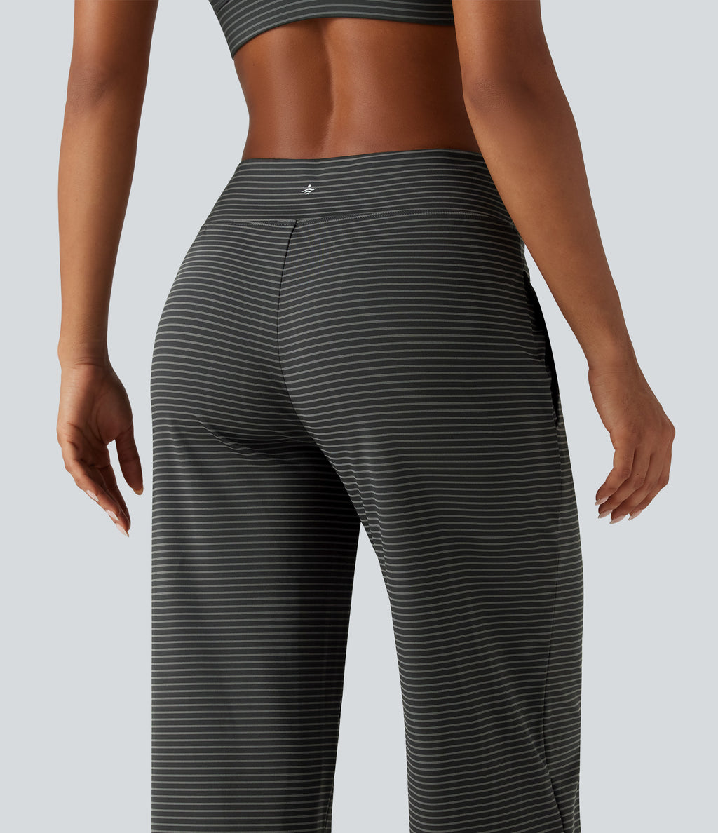 Mid Rise Stripe Straight Leg Yoga Trousers with Pockets — Steel Stripe — view 4