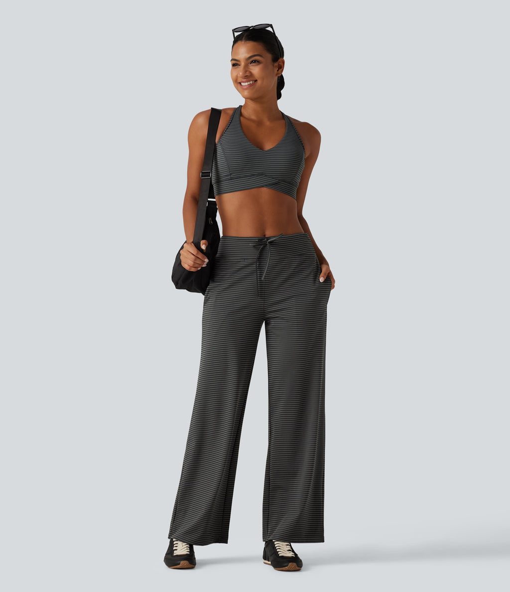 Mid Rise Stripe Straight Leg Yoga Trousers with Pockets — Steel Stripe — view 7
