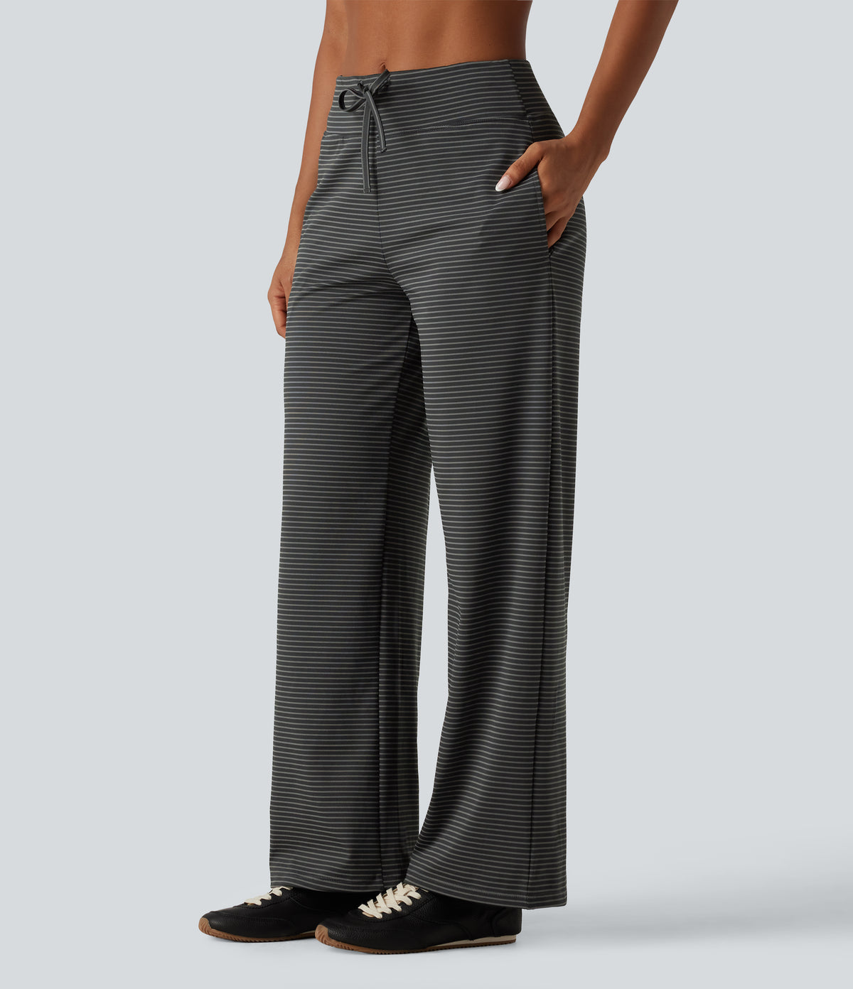 Mid Rise Stripe Straight Leg Yoga Trousers with Pockets — Steel Stripe — view 3