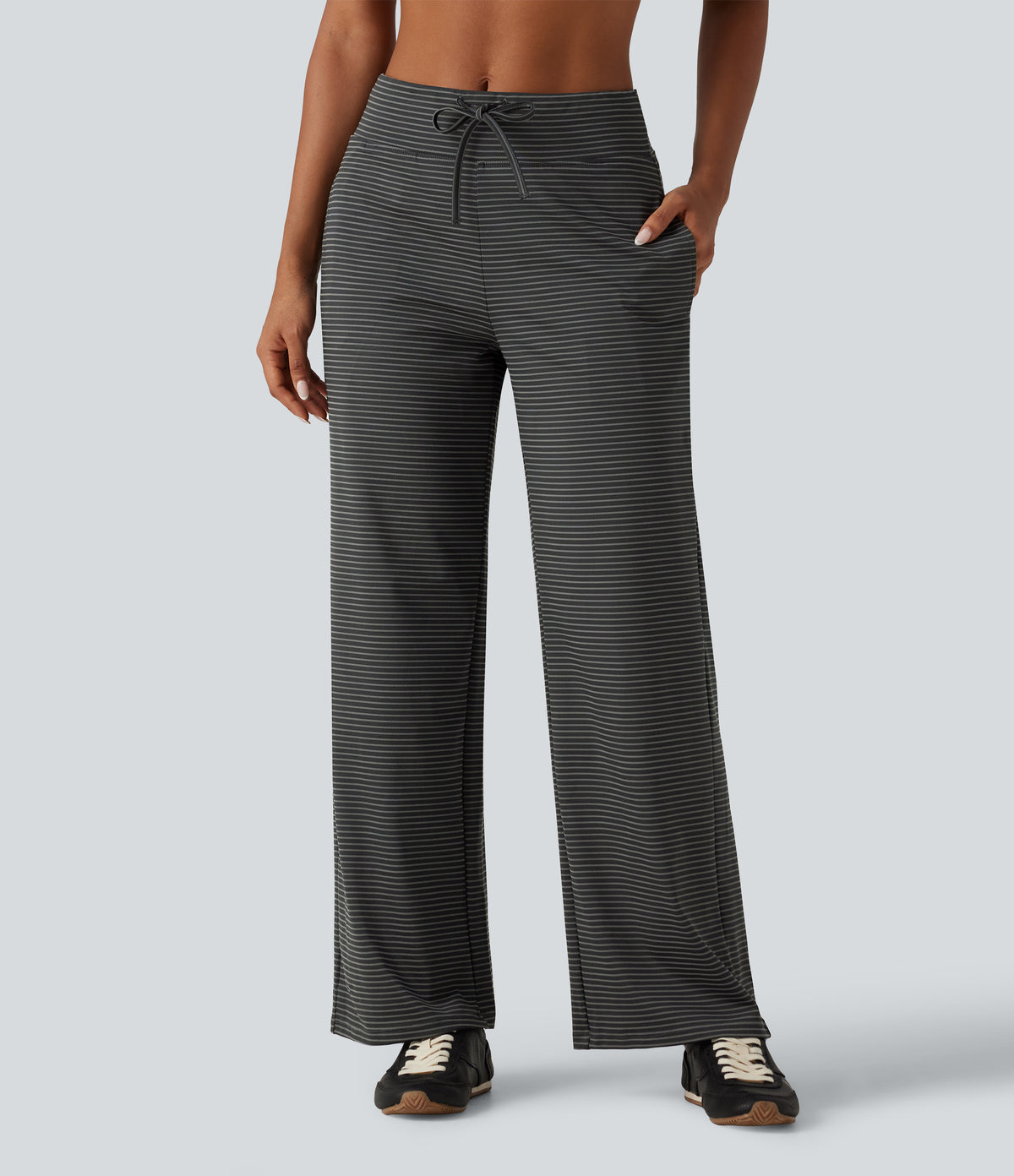 Mid Rise Stripe Straight Leg Yoga Trousers with Pockets — Steel Stripe — view 1