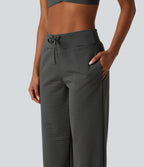 Mid Rise Stripe Straight Leg Yoga Trousers with Pockets — Steel Stripe — view 5