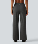Mid Rise Stripe Straight Leg Yoga Trousers with Pockets — Steel Stripe — view 2