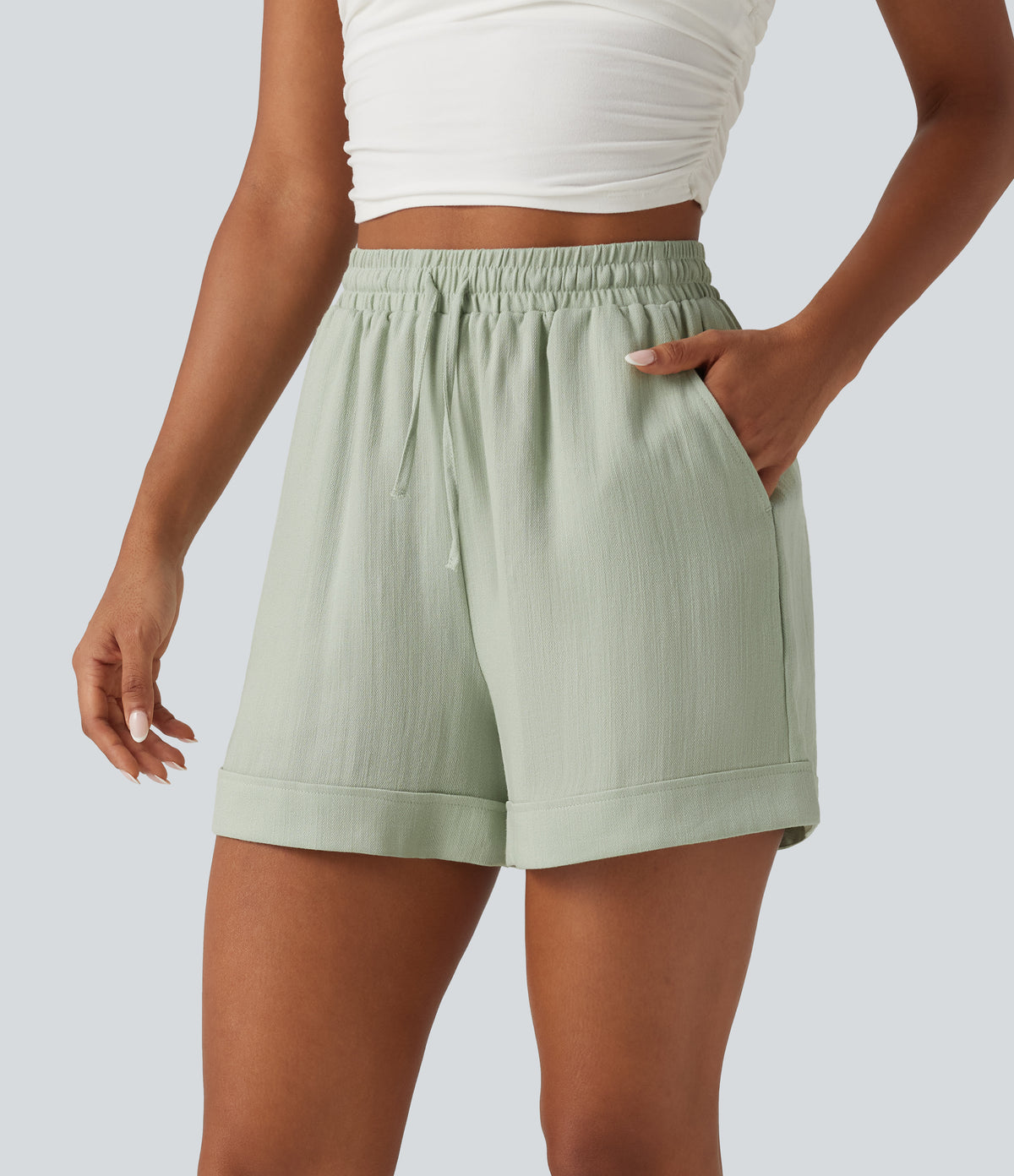 High Waisted Drawstring Rolled Hem Casual Linen-Feel Shorts 5'' with Pockets — Desert Sage — view 1