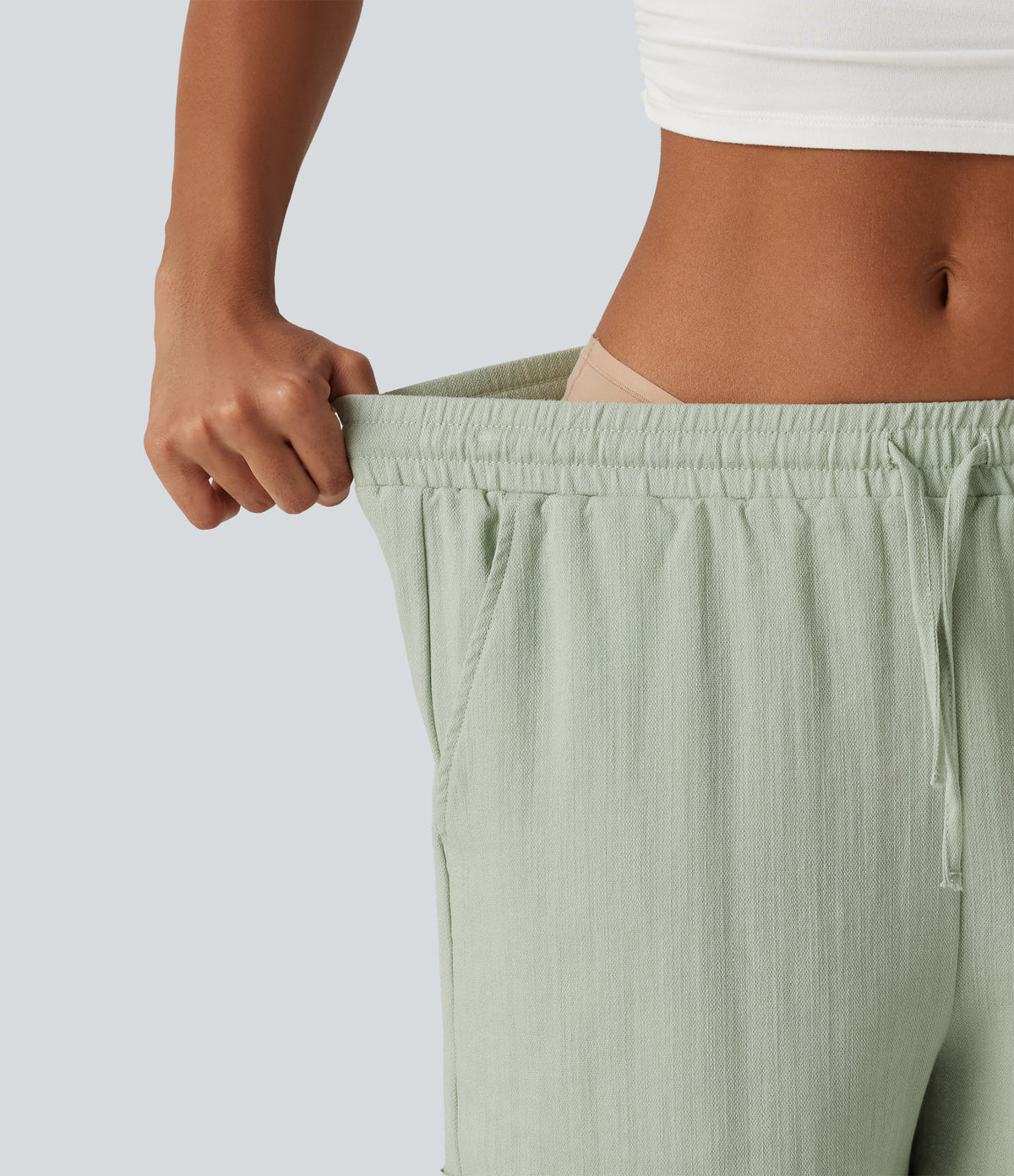 High Waisted Drawstring Rolled Hem Casual Linen-Feel Shorts 5'' with Pockets — Desert Sage — view 4
