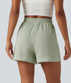 High Waisted Drawstring Rolled Hem Casual Linen-Feel Shorts 5'' with Pockets — Desert Sage — view 2