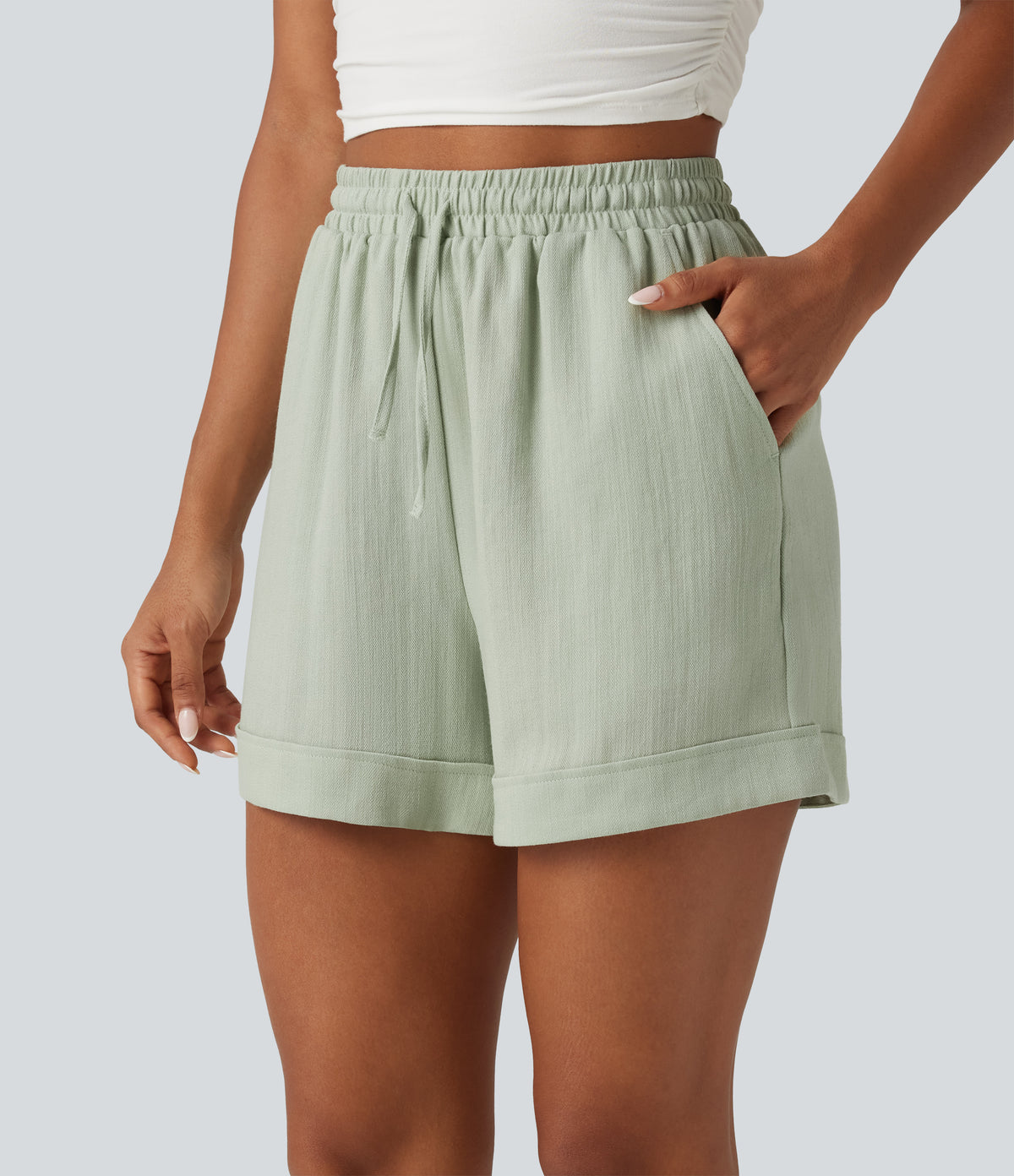 High Waisted Drawstring Rolled Hem Casual Linen-Feel Shorts 5'' with Pockets — Desert Sage — view 5