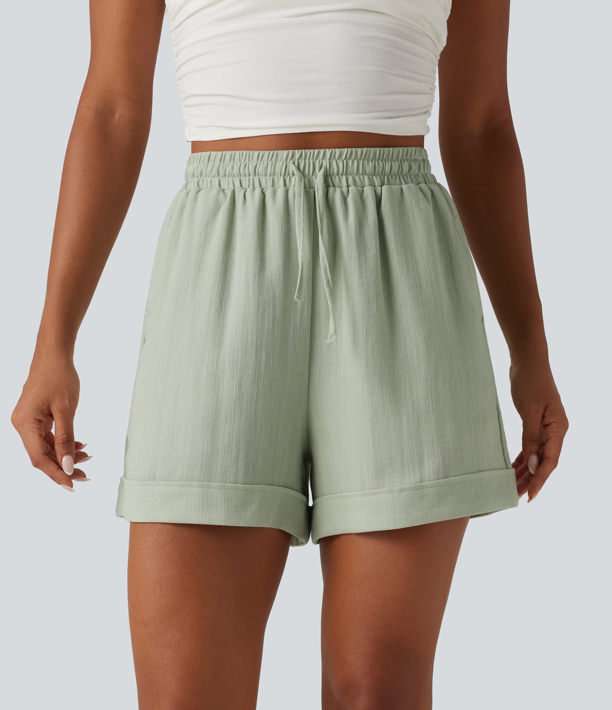 High Waisted Drawstring Rolled Hem Casual Linen-Feel Shorts 5'' with Pockets — Desert Sage — view 3