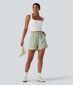 High Waisted Drawstring Rolled Hem Casual Linen-Feel Shorts 5'' with Pockets — Desert Sage — view 7