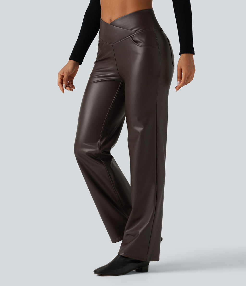 High Waisted Crossover Tummy Control Straight Leg Stretchy PU Fleece Casual Trousers with Pockets — Hot Fudge — view 3