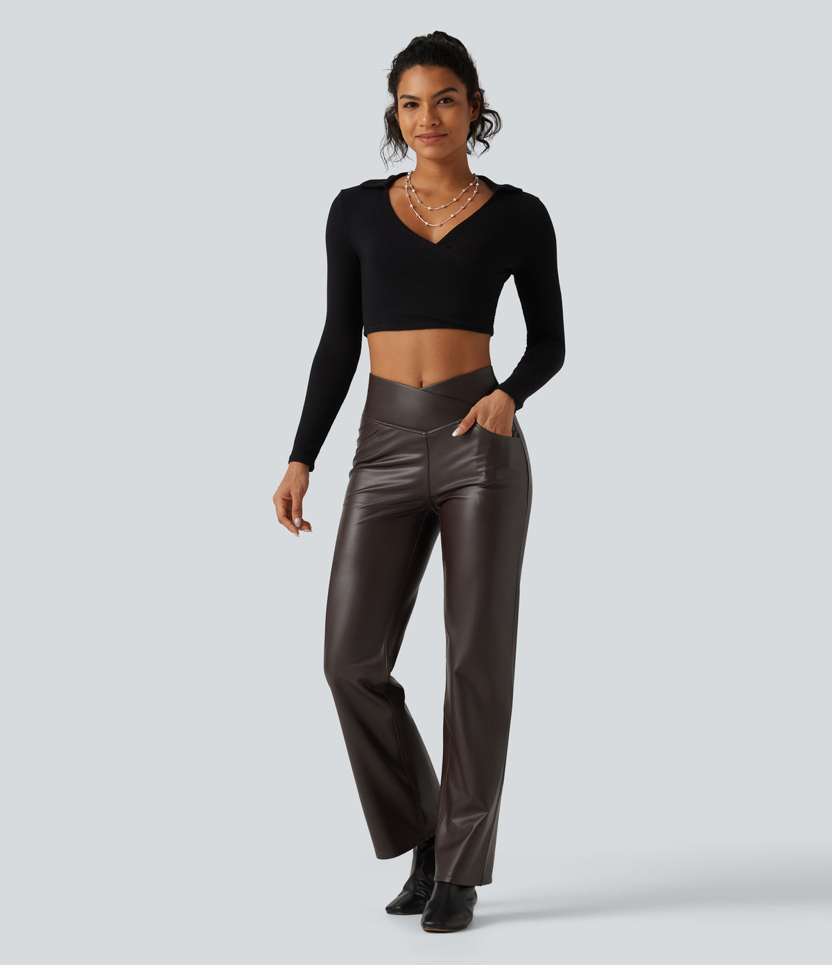 High Waisted Crossover Tummy Control Straight Leg Stretchy PU Fleece Casual Trousers with Pockets — Hot Fudge — view 7