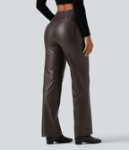 High Waisted Crossover Tummy Control Straight Leg Stretchy PU Fleece Casual Trousers with Pockets — Hot Fudge — view 2