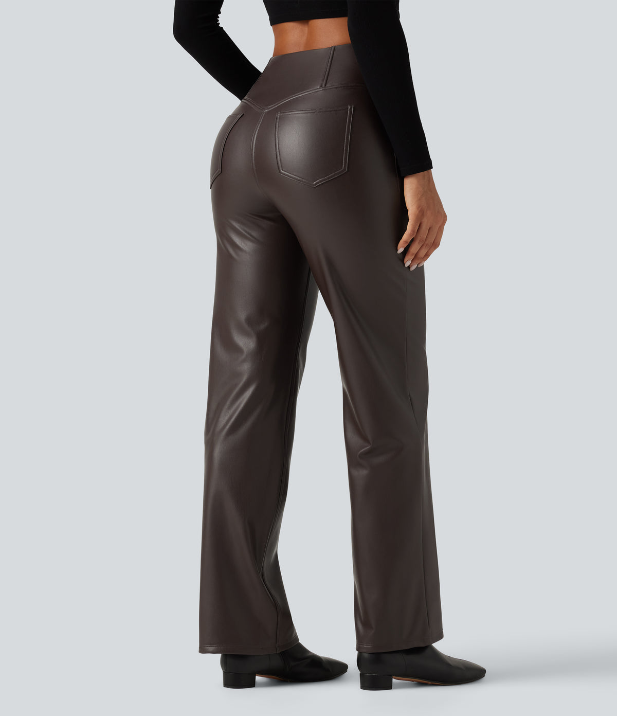 High Waisted Crossover Tummy Control Straight Leg Stretchy PU Fleece Casual Trousers with Pockets — Hot Fudge — view 2