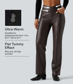 High Waisted Crossover Tummy Control Straight Leg Stretchy PU Fleece Casual Trousers with Pockets — Hot Fudge — view 1